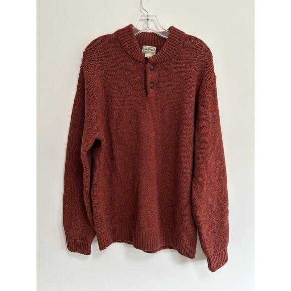 VTG LL Bean Sweater Mens L Red Ragg Lambswool Button Henley Mock Neck Pullover - Picture 1 of 9